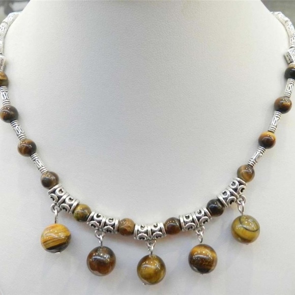 NATURAL TIGER'S EYE TIBET SILVER NECKLACE 18 - Picture 1 of 2